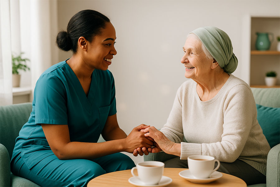 Carer supporting a client at home with dignity and kindness