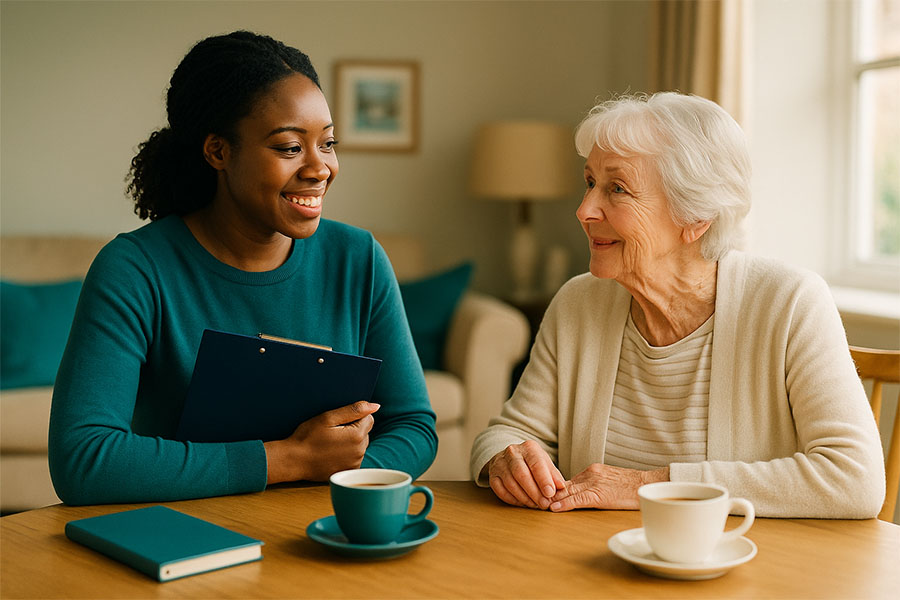 Friendly care coordinator talking with a client at home